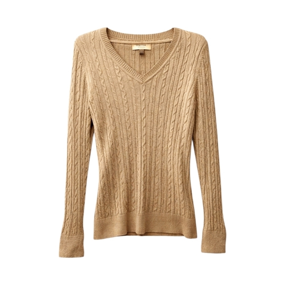 SONOMA women's medium tan V- neck cable knit sweater New no tags - Picture 2 of 9
